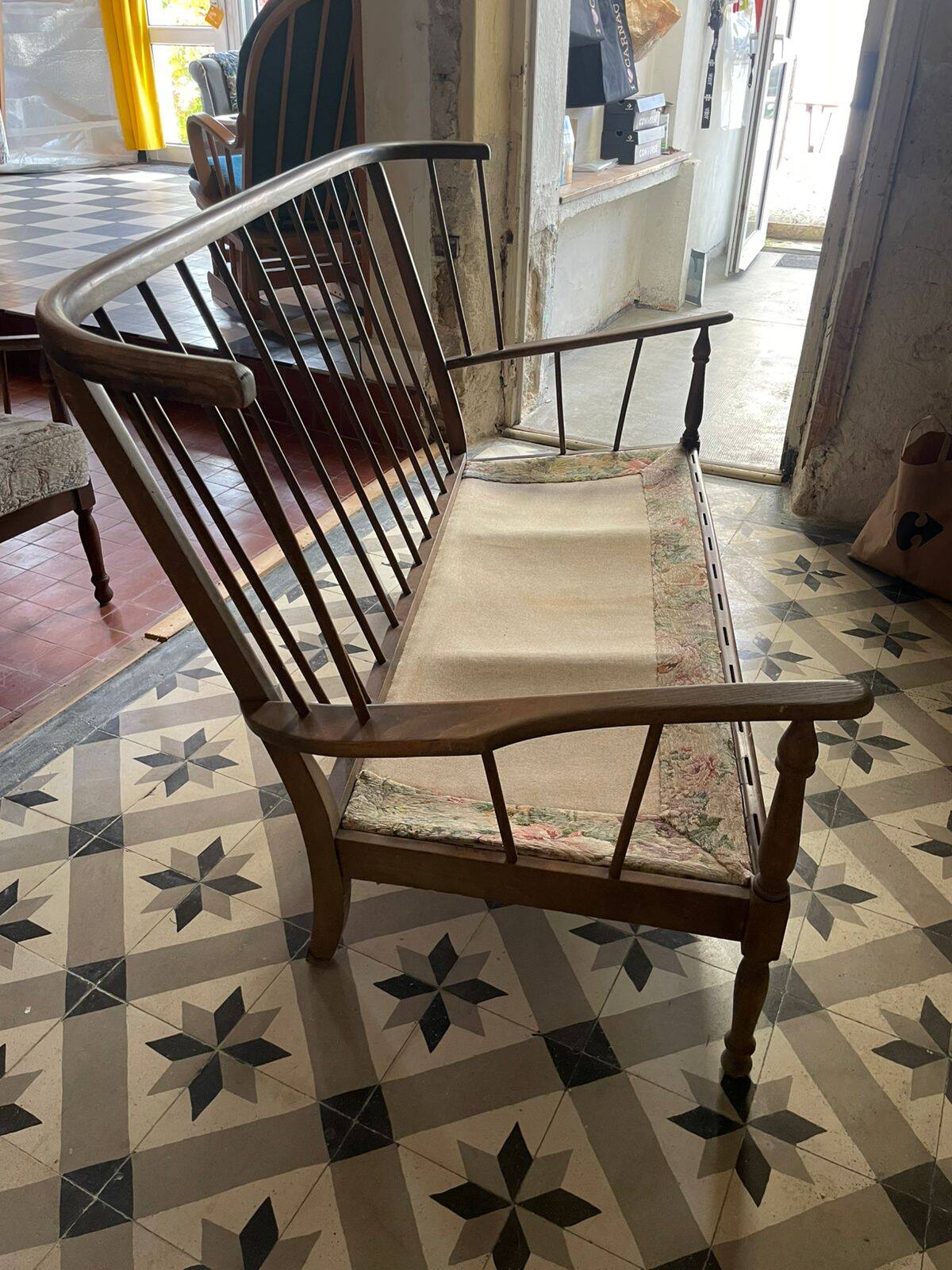 Rare set of vintage armchairs and fan bench