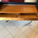 Teak and imitation leather sideboard with 2 drawers