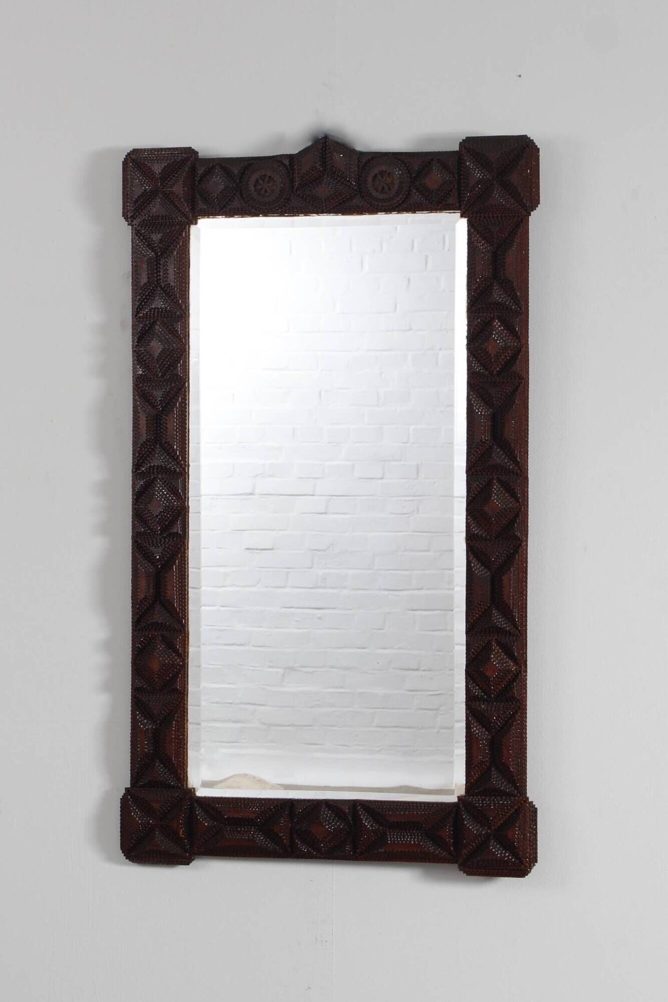 Antique Tramp Art wall mirror brutalism chip carving 1900