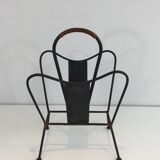 Black lacquered metal and brown leather magazine holders