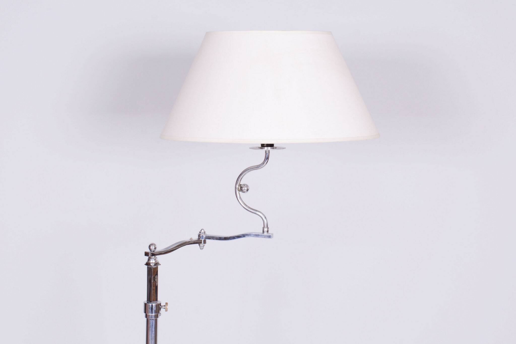 Czech Bauhaus Floor Lamp, Textile Lamp Shade, Chrom-Plated Steel, 1920s