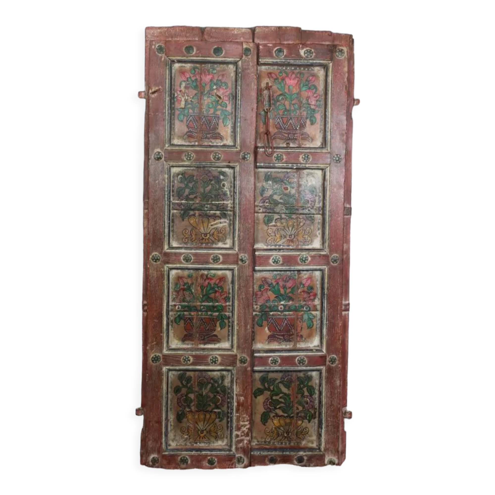 Indian door with 2-leaf floral motifs with 2 rings for wall mounting