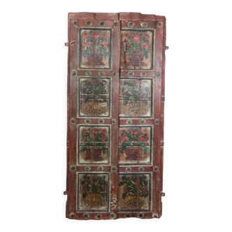 Indian door with 2-leaf floral motifs with 2 rings for wall mounting