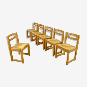 Set de 6 chaises vintage en orme & assise paille 1970 / 1980