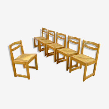 6 vintage chairs in elm - set assisi straw 1970 / 1980
