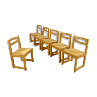 6 vintage chairs in elm - set assisi straw 1970 / 1980