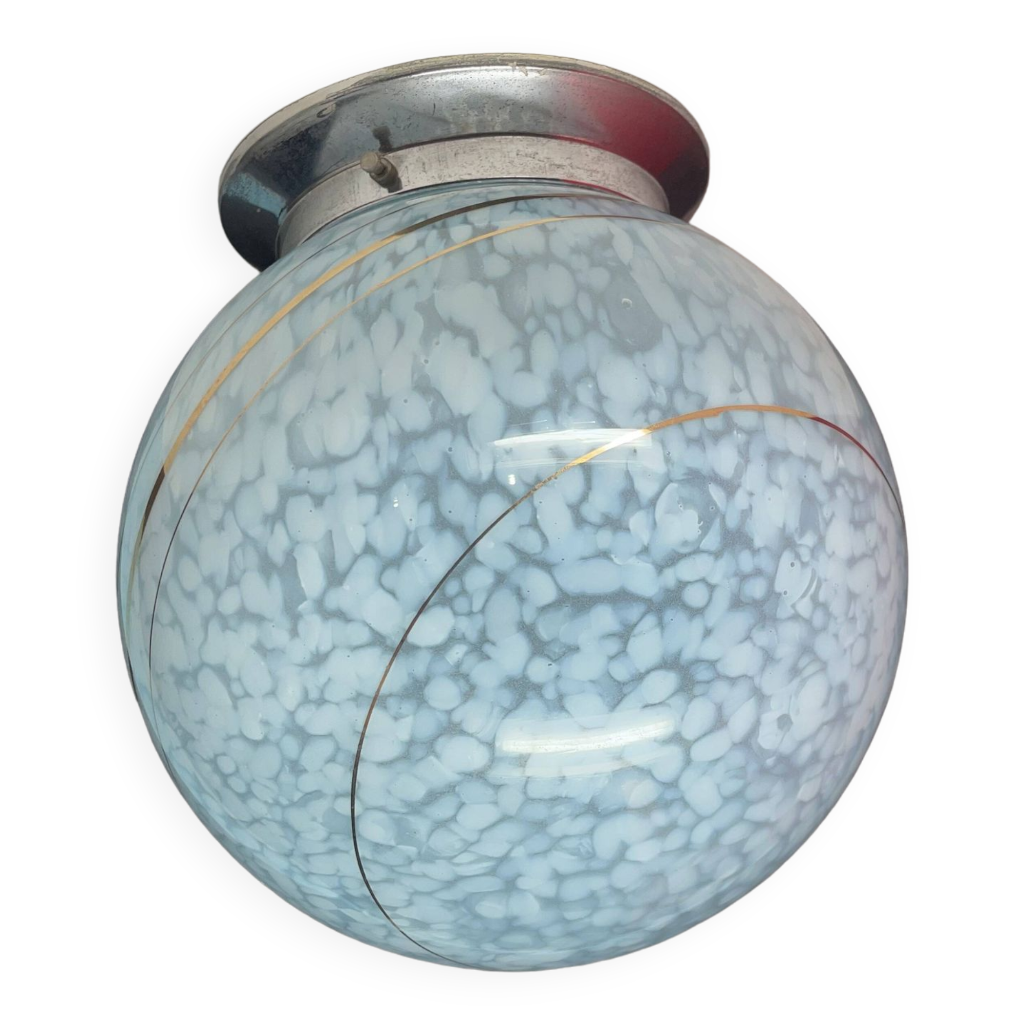 Old glass globe ceiling light clichy opaline metal base support art deco