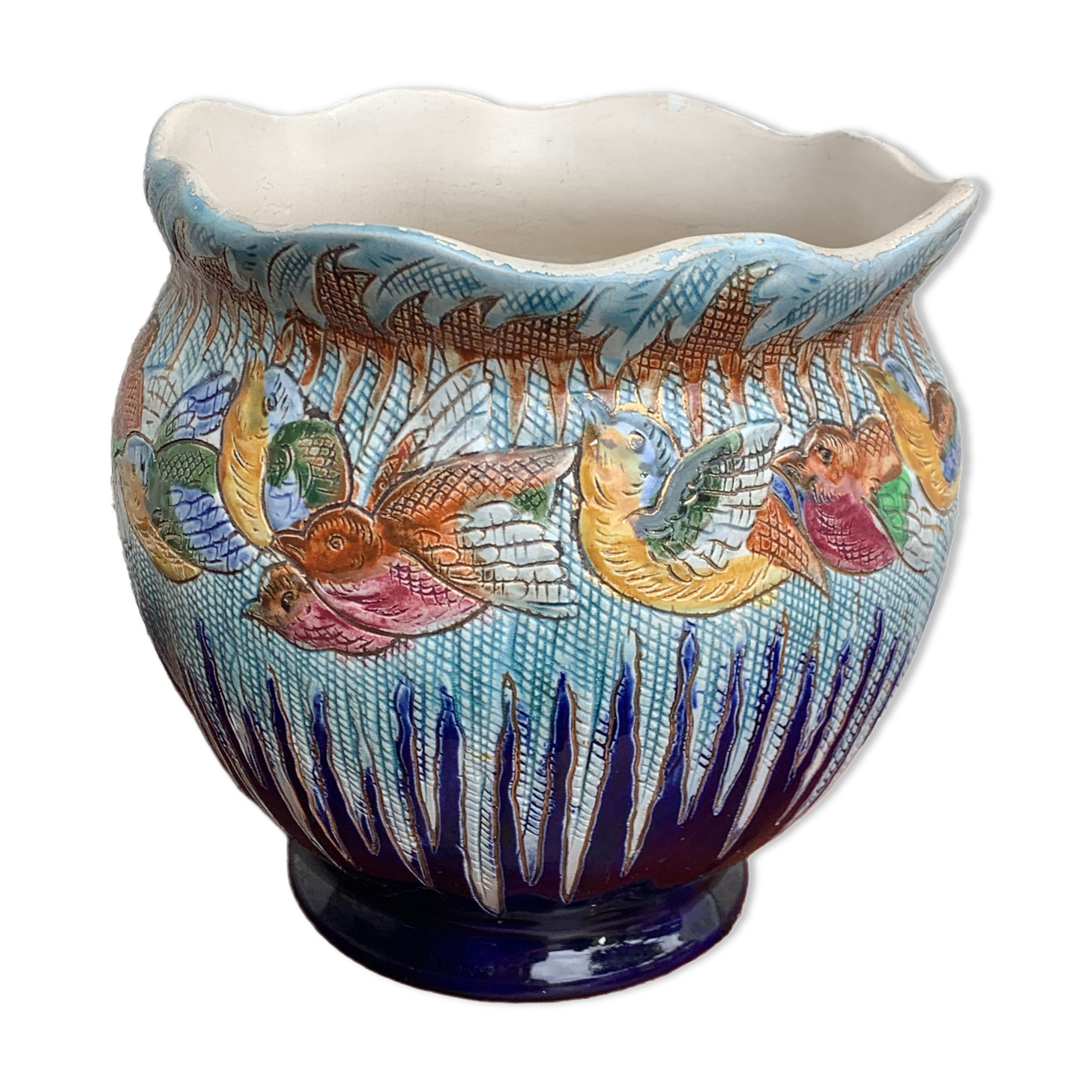 Art deco pot cache birds in old glazed ceramic