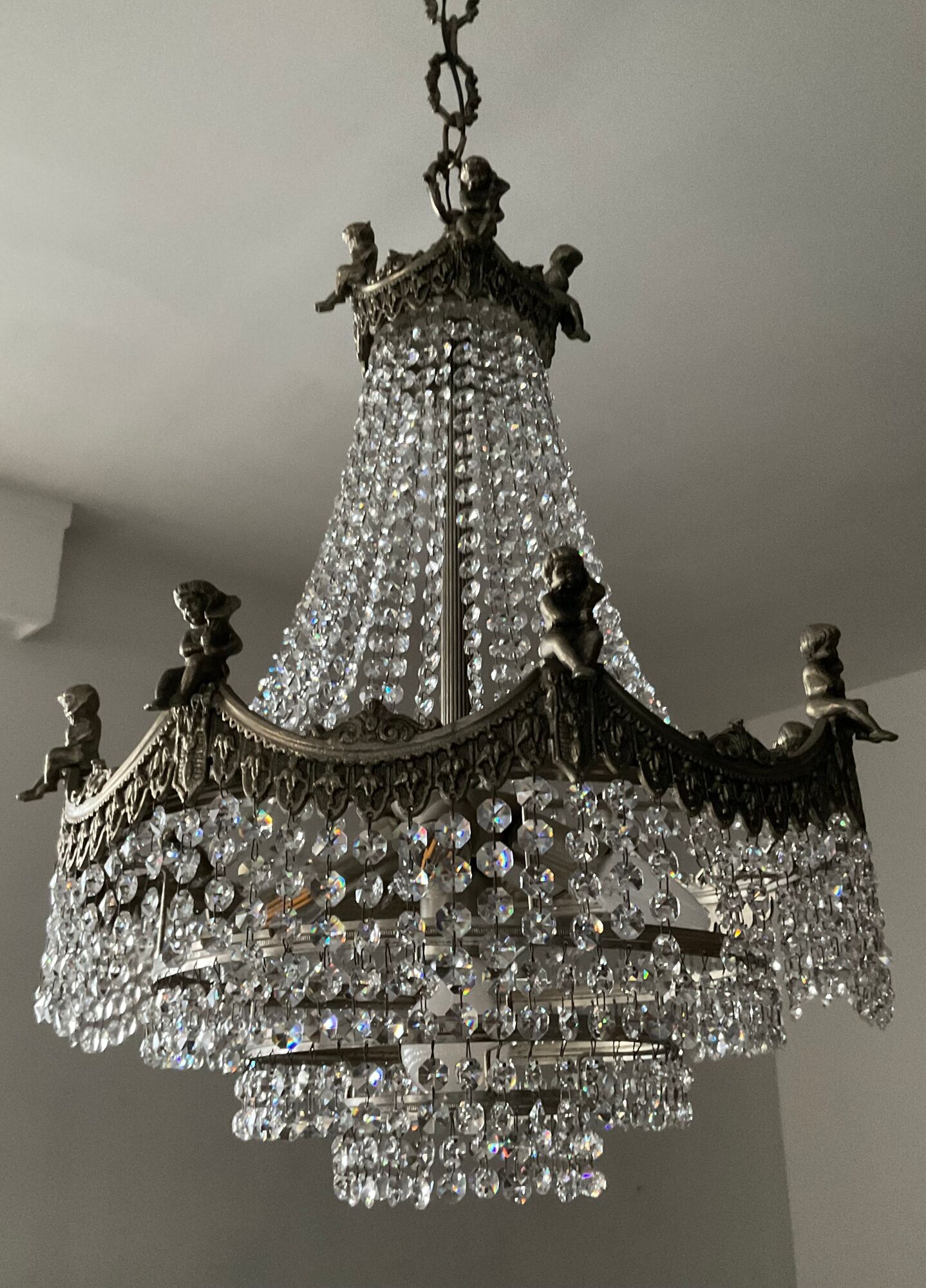 Old hot air balloon chandelier with crystal and bronze tassels