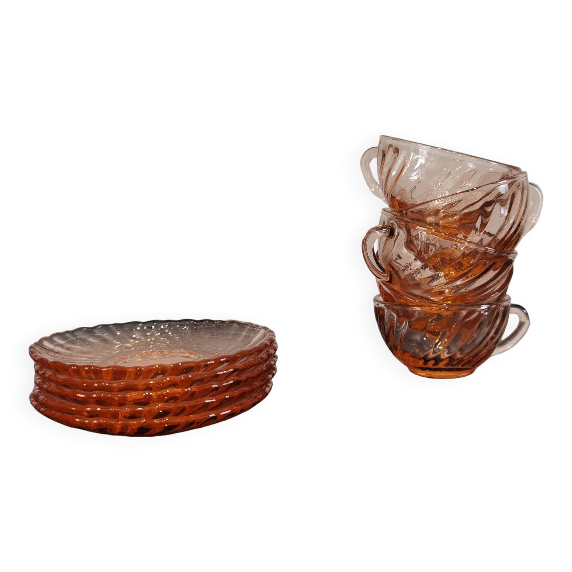 5 Rosaline Arcoroc twisted pink glass cups and saucers