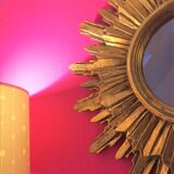 Mirror sun gilded wood leaf, 52 cm double shelving