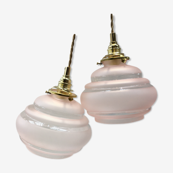 Pair of vintage pendant lamps in frosted glass light pink