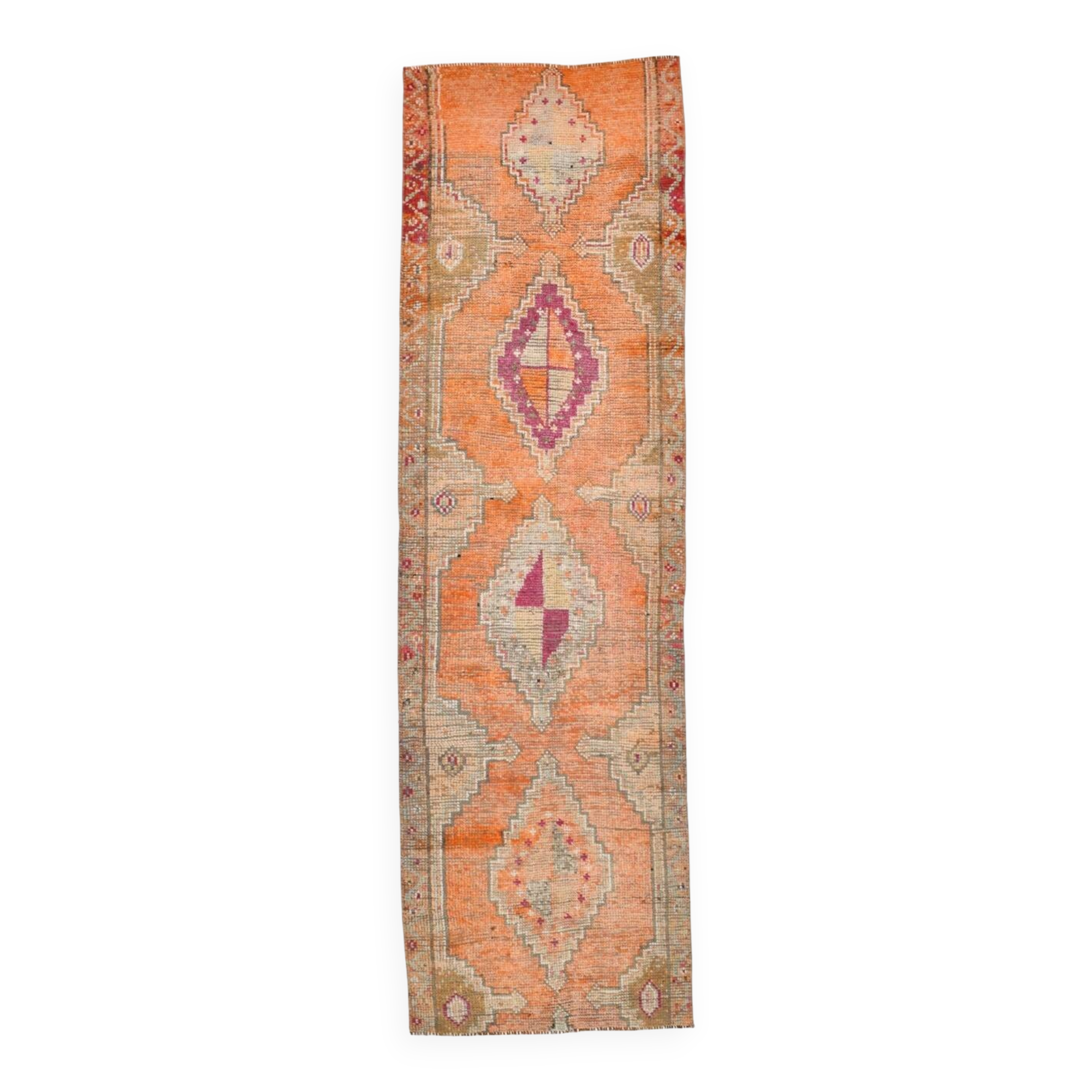 Pumpkin Orange & Pink Vintage Runner Rug, Anatolian Turkish Flatweave