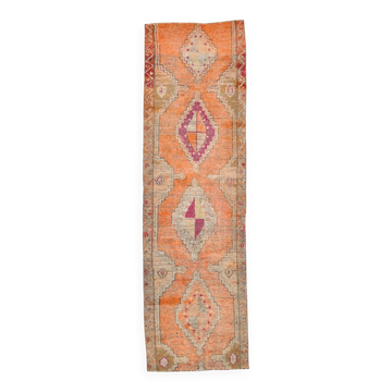 Pumpkin Orange & Pink Vintage Runner Rug, Anatolian Turkish Flatweave