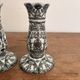 Pair of White and Black Porcelain Candle Holders with Berain Scroll Decoration, Baluster Style
