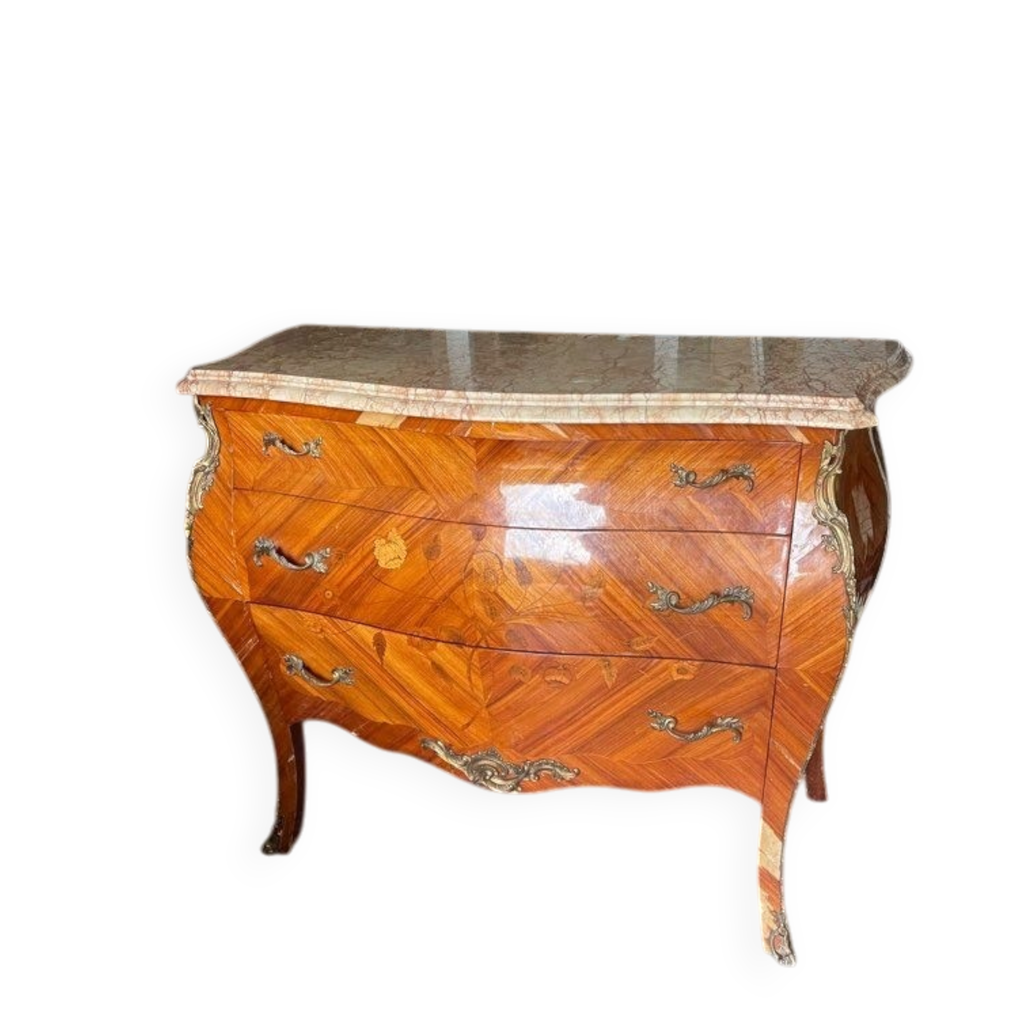 Belle commode galbée style Louis XV – marqueterie et marbre