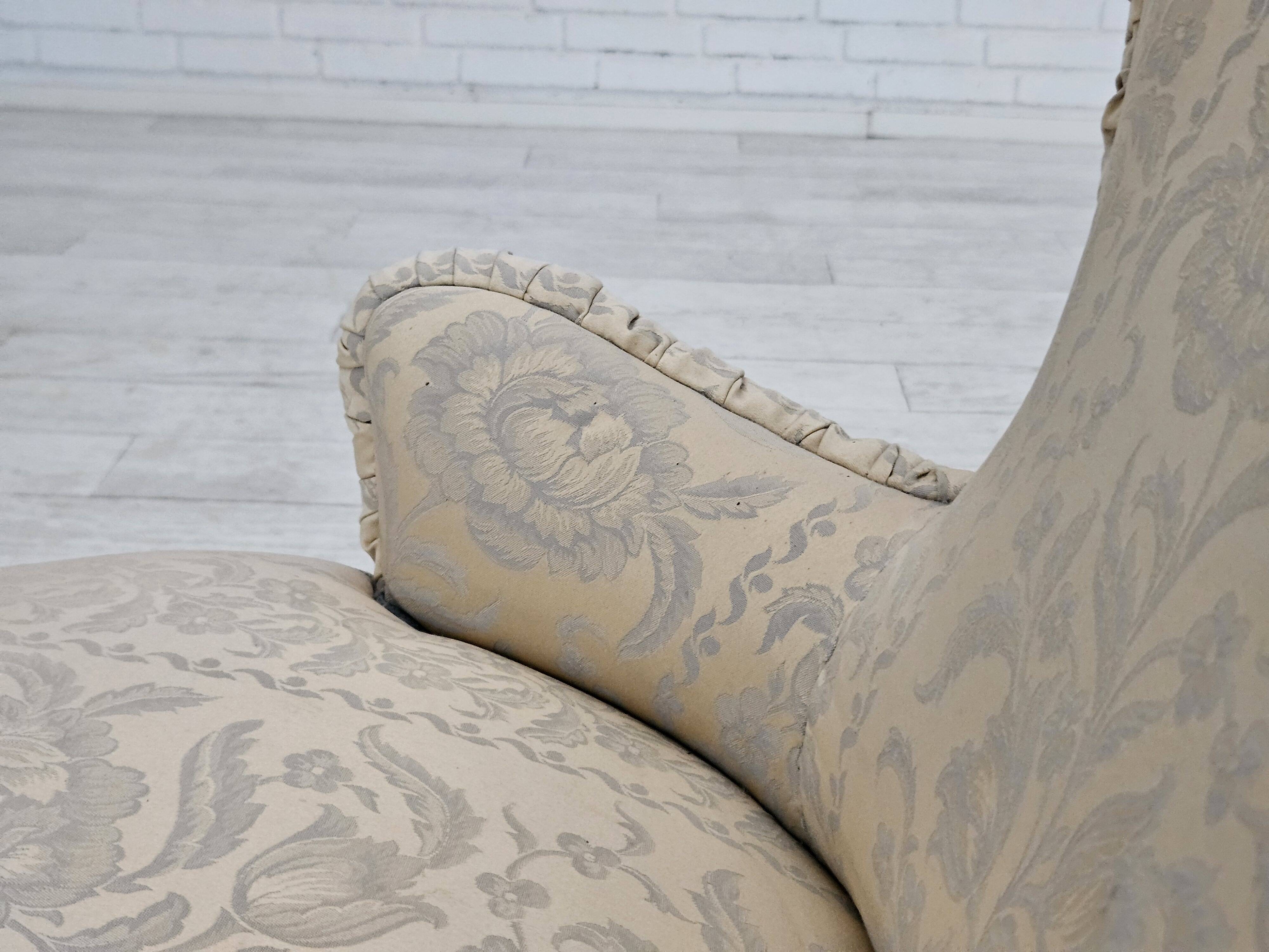 1950s, Danish armchair, reupholstered, creamy/white floral fabric.