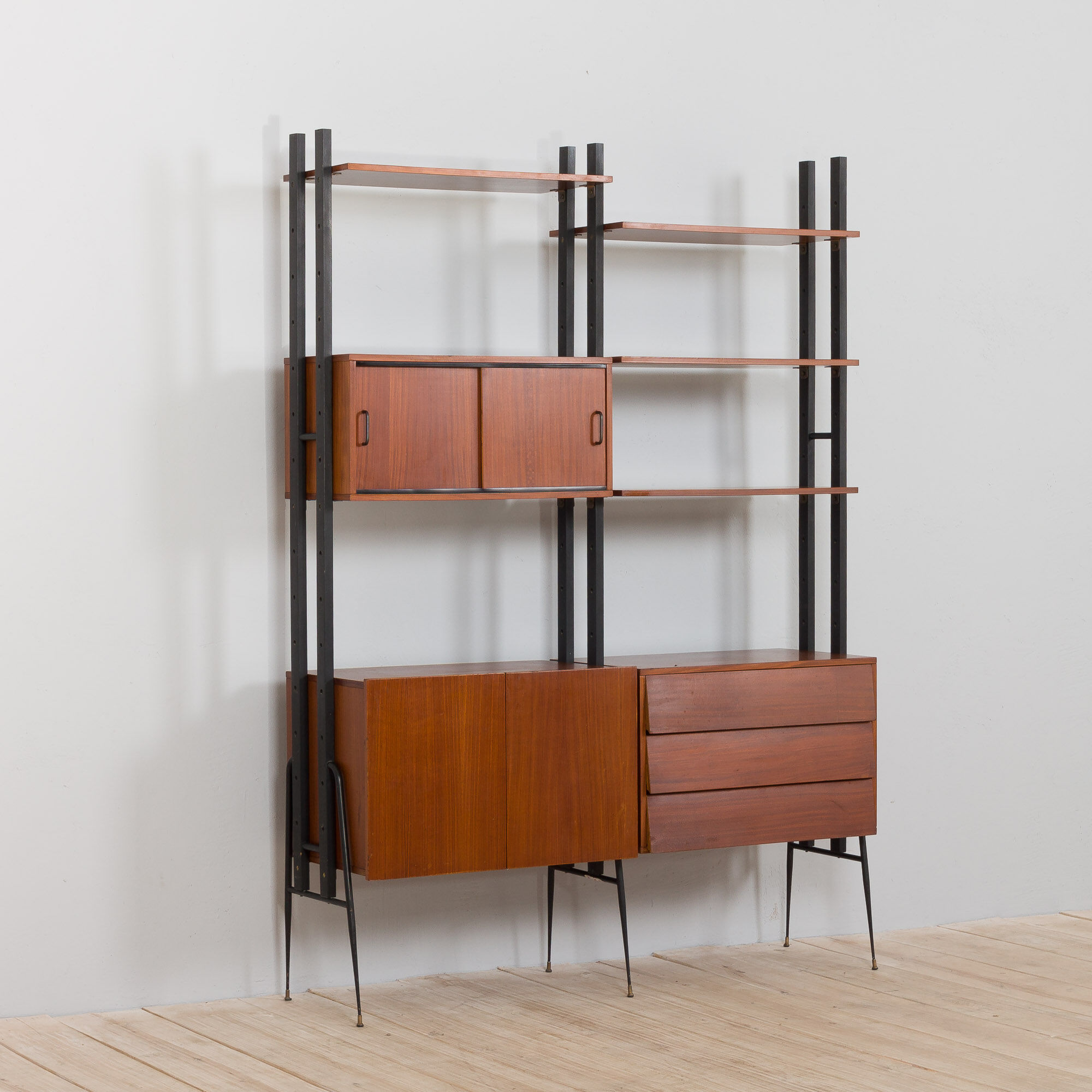 Italian mid century 2 bay teak wall unit free standing, 1960s