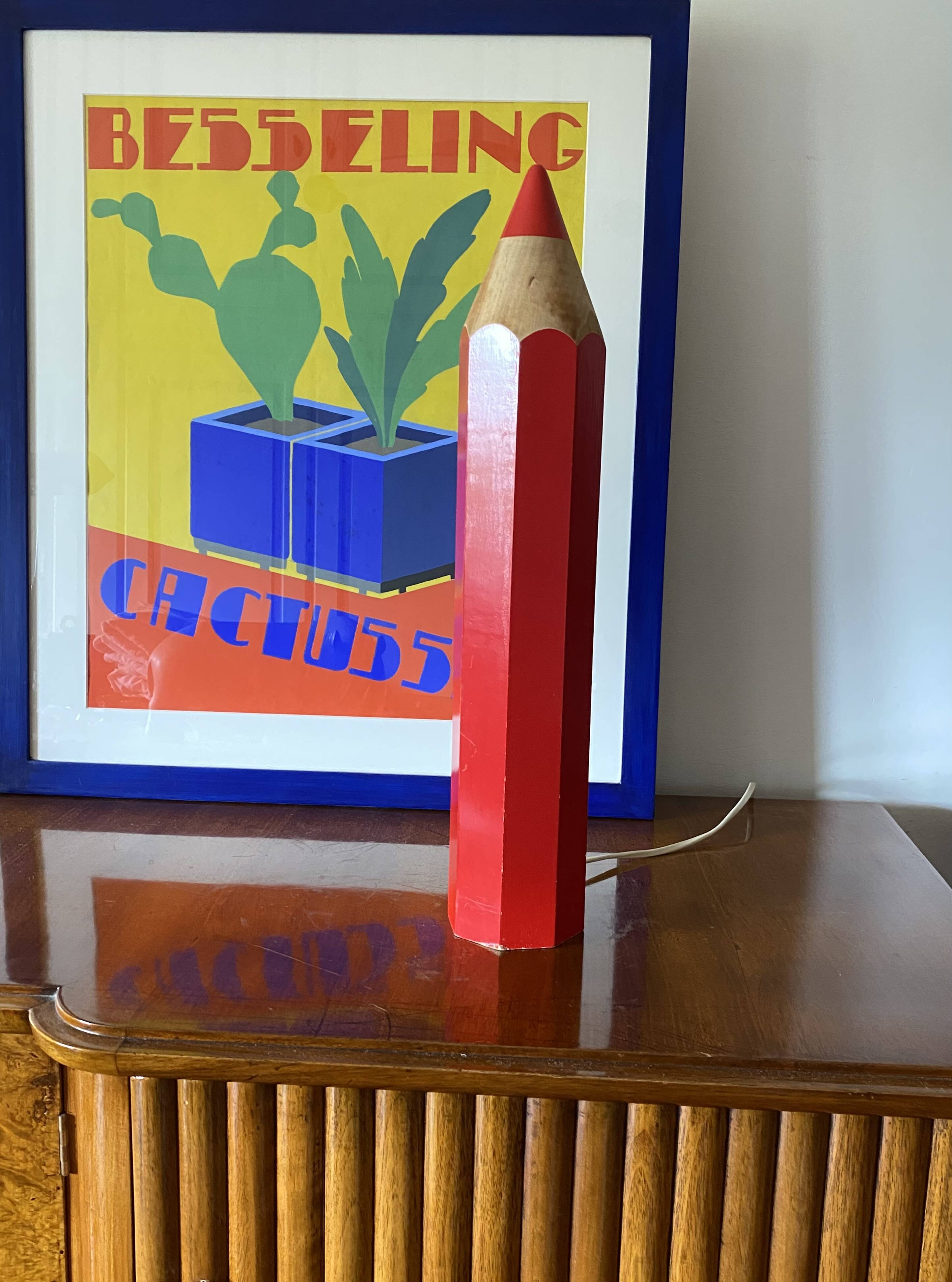 Pierre Sala, postmodern red Pencil table lamp, Ed. Vilac France 1980s