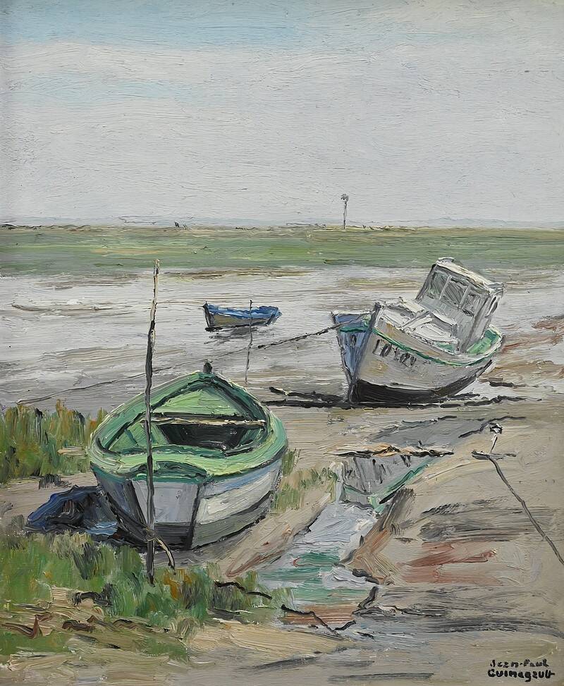 Painting “Boats at Low Tide”, signed J-P. Guinegault – 2nd part 20th century