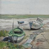 Painting “Boats at Low Tide”, signed J-P. Guinegault – 2nd part 20th century