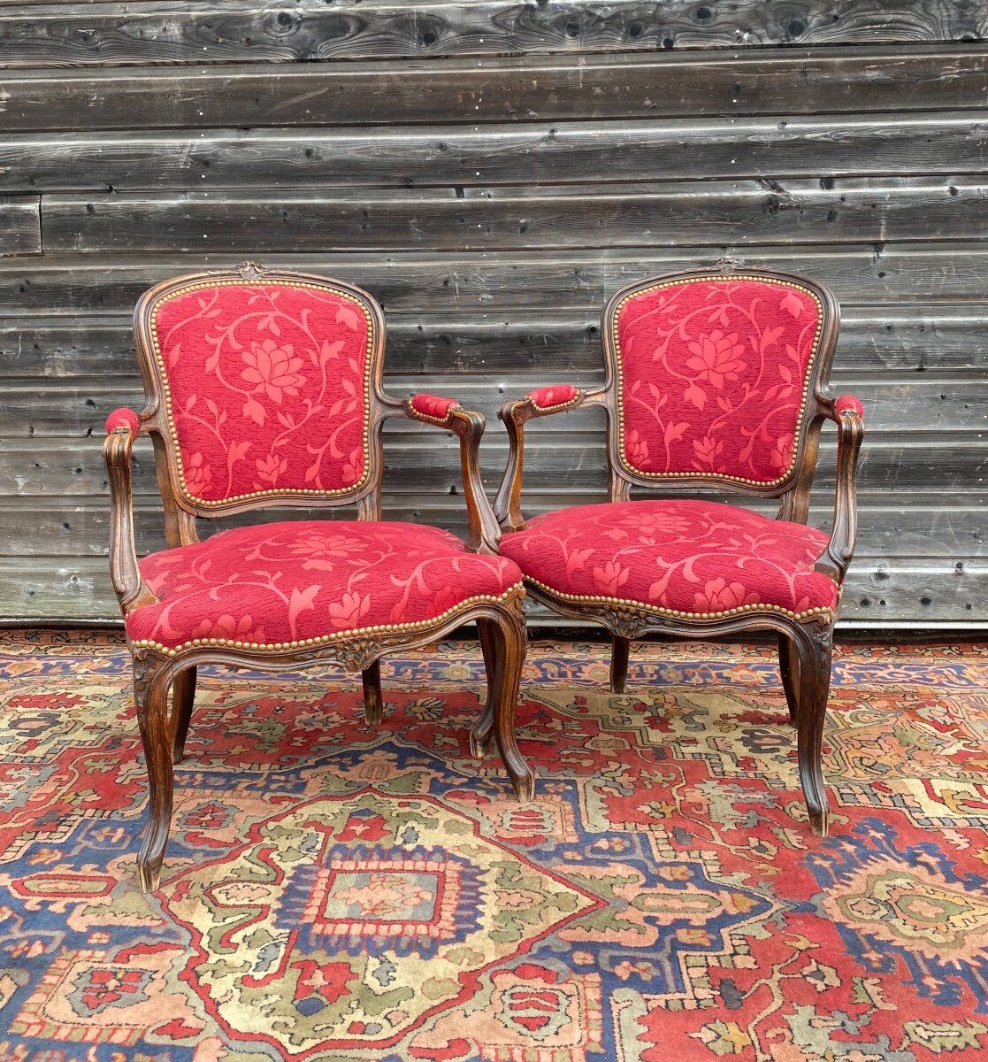 Pair of armchairs in natural wood style Louis XV XIXth century