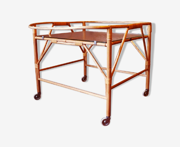Desserte de service vintage en bambou et verre givré 1960