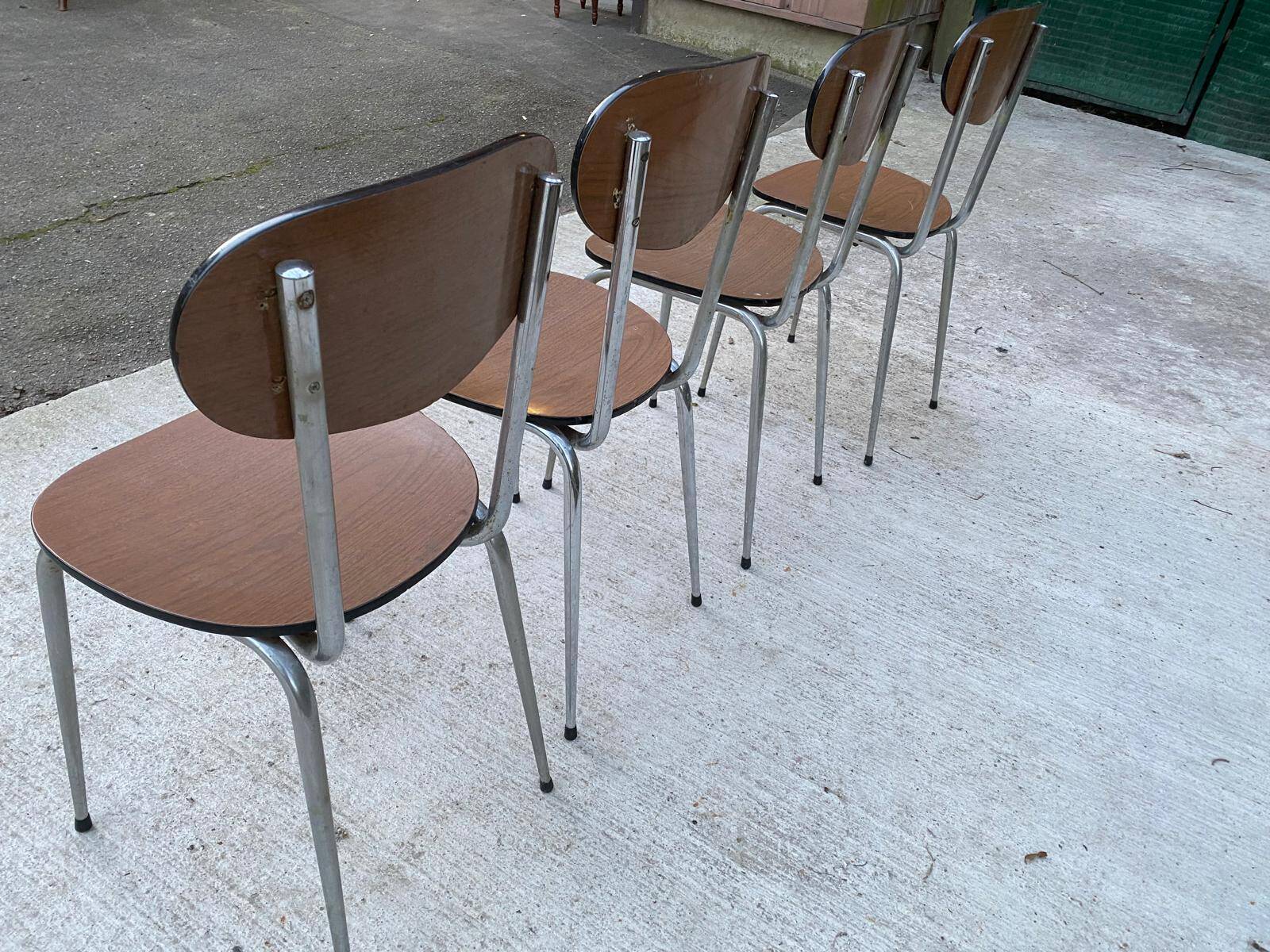 4 brown formica kitchen chairs with wood effect
