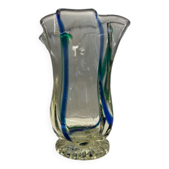 Murano Style Vase in colorless blown glass with blue and green lines
