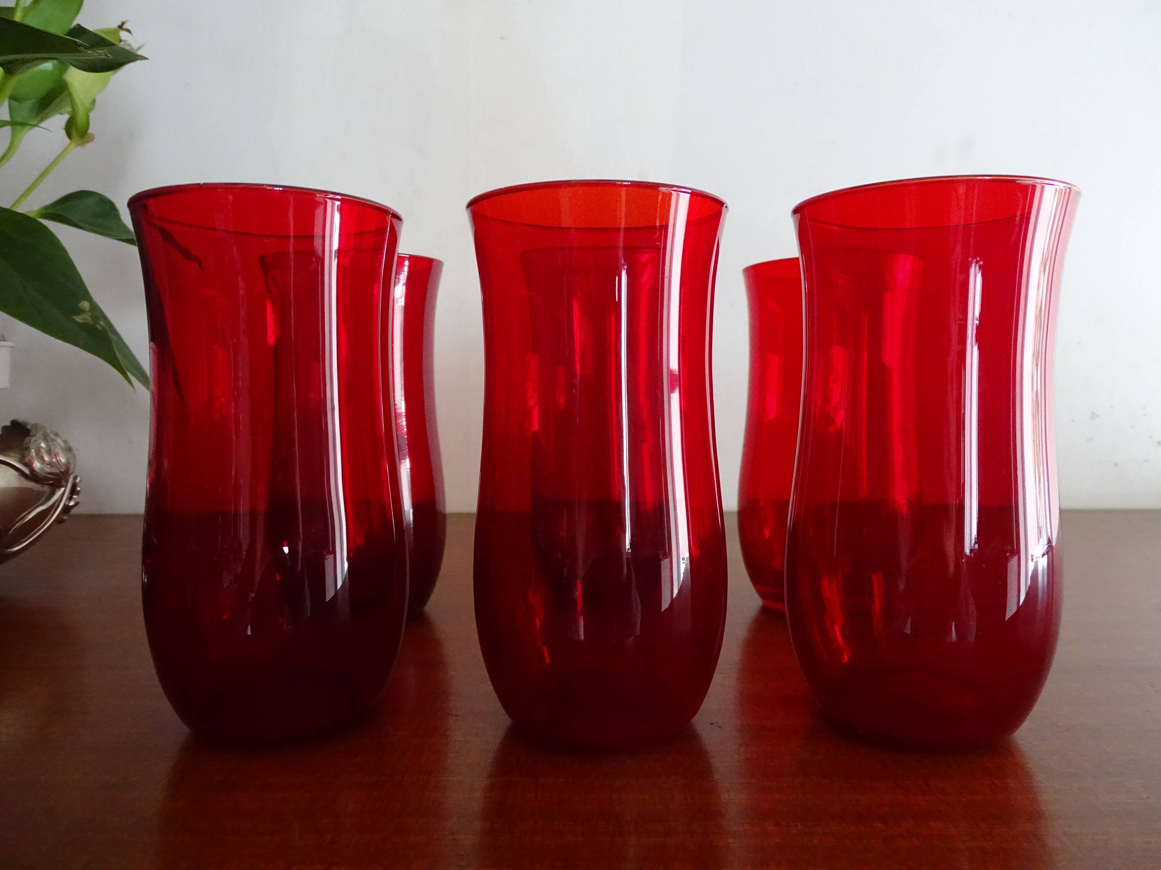 6 water glasses blown glass vintage ruby red 1960