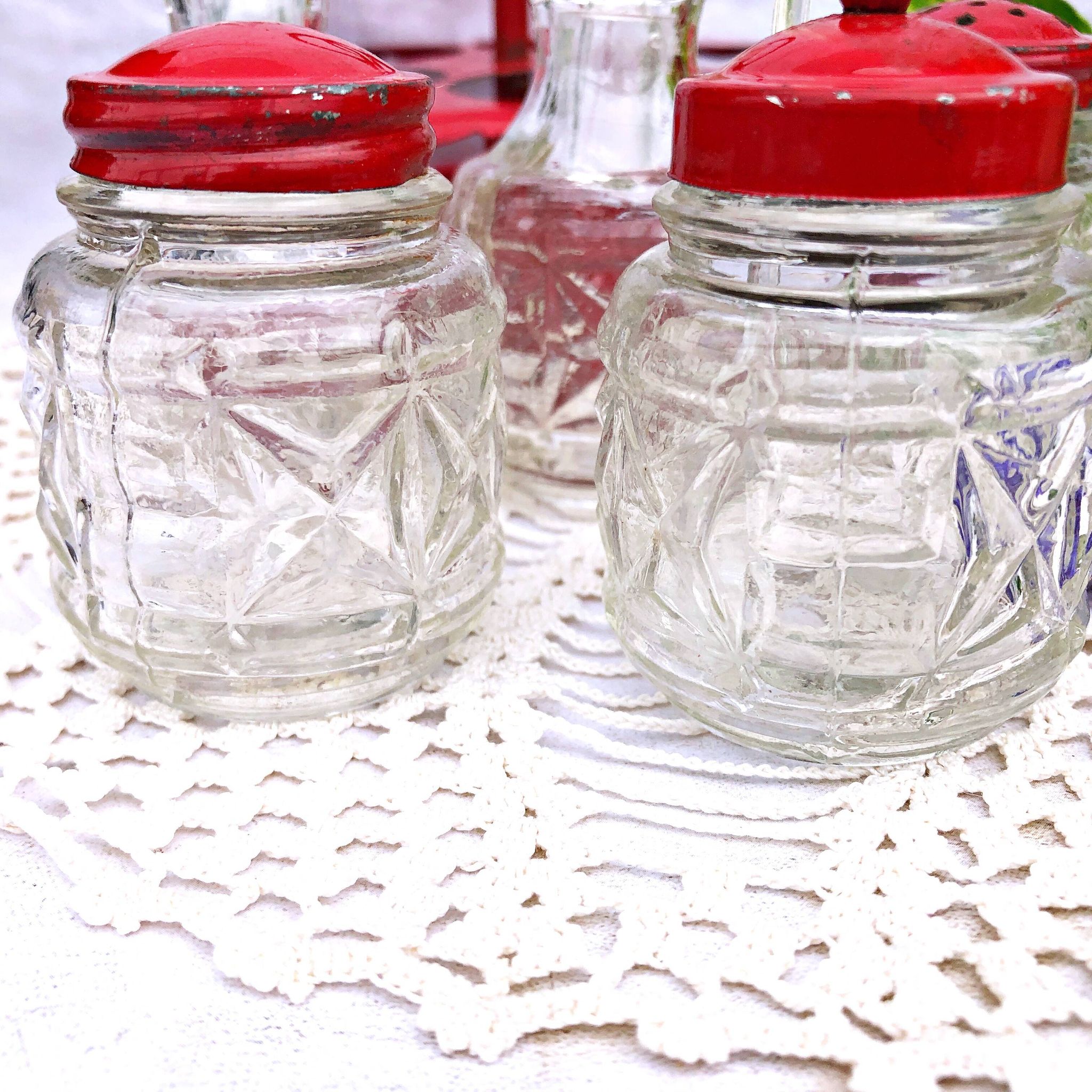 Table condiment server red metal turntable 6 vintage pieces