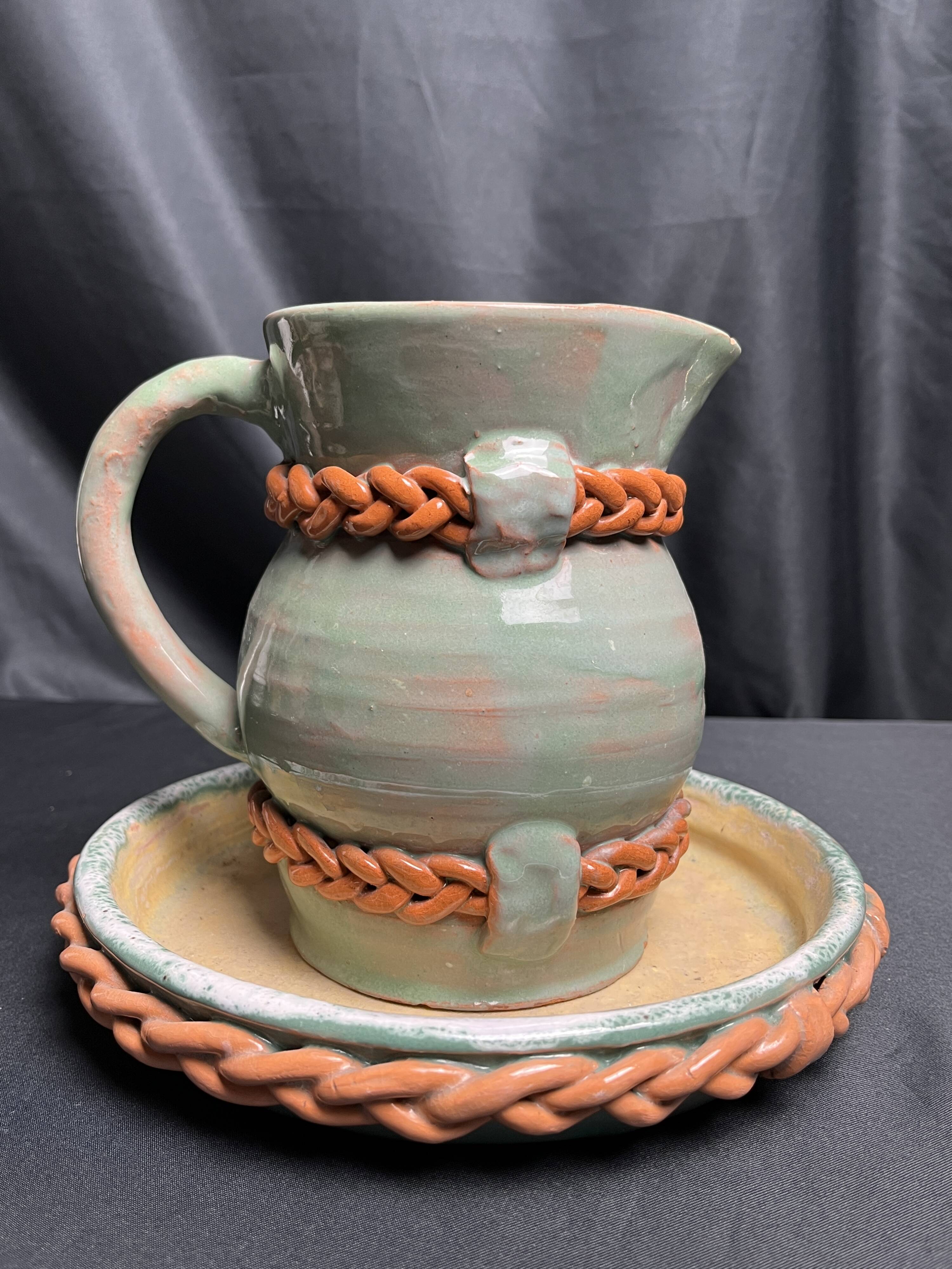 Vintage set of pitcher and saucer, Puisaye stoneware, 20th century