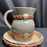 Vintage set of pitcher and saucer, Puisaye stoneware, 20th century