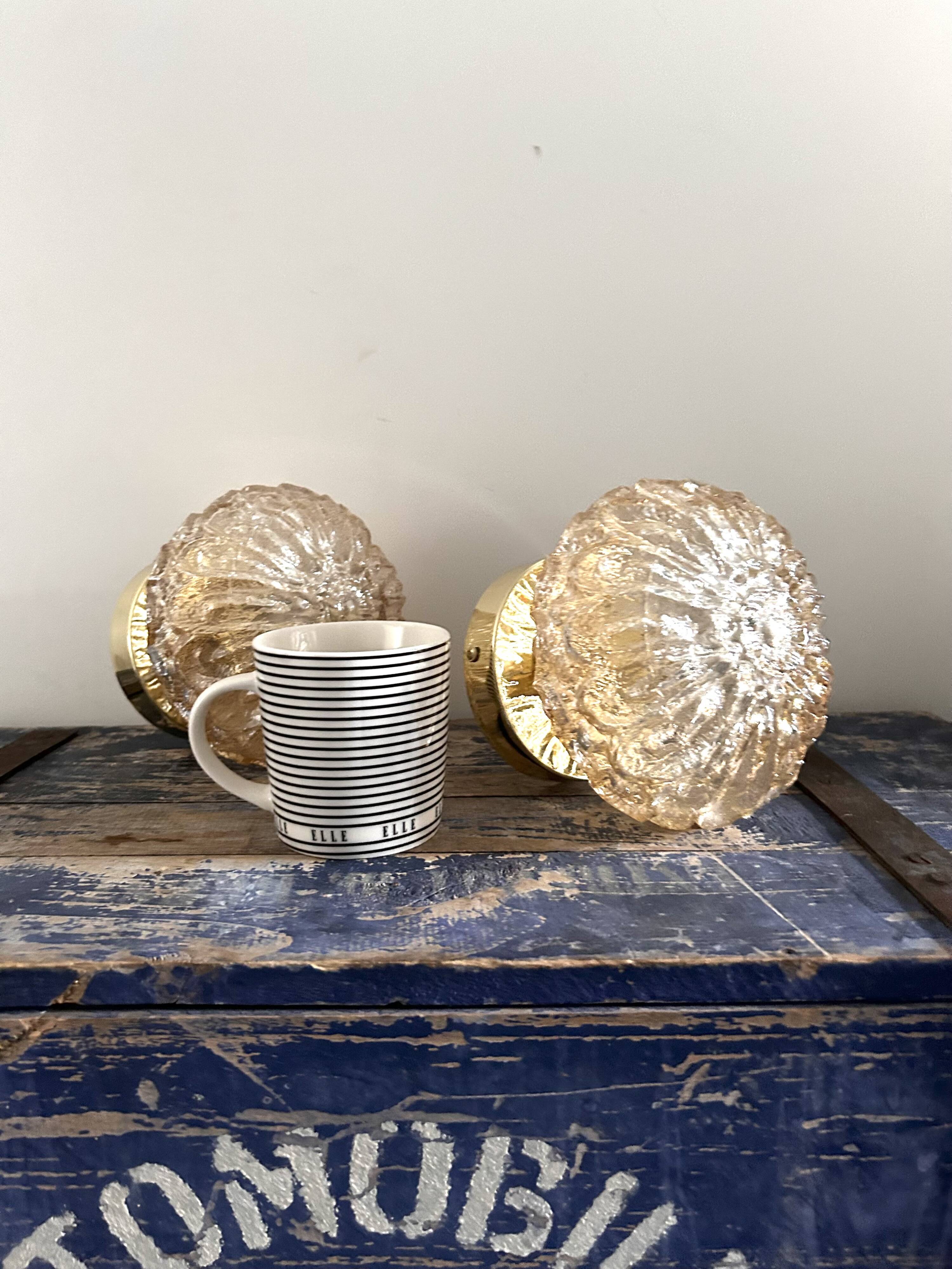 Set of two vintage amber glass wall lights