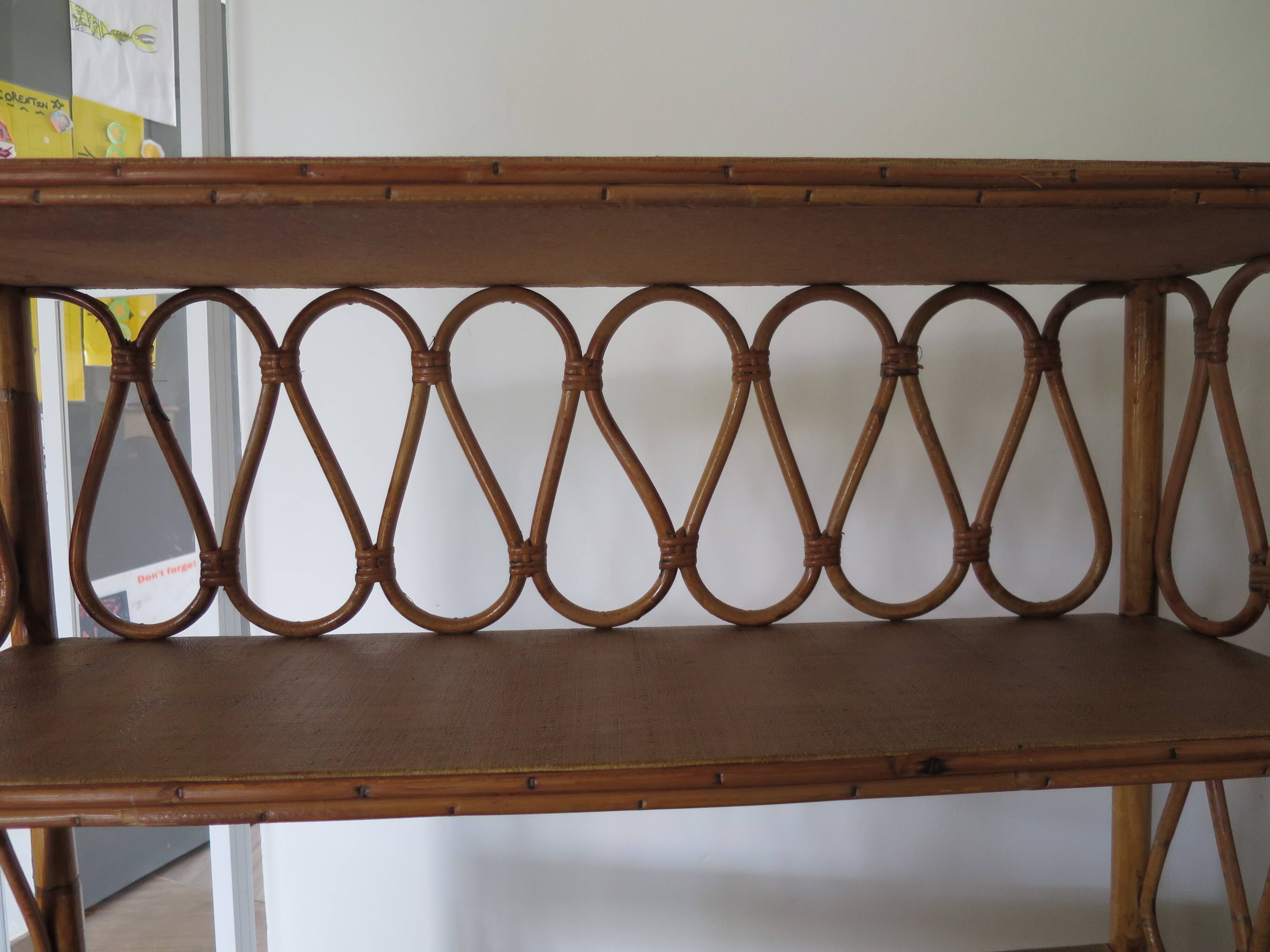 Wooden and rattan bookcase, 1970s-1980s