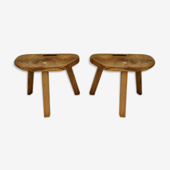 Pair of brutalist oak tripod stools