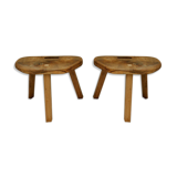 Pair of brutalist oak tripod stools