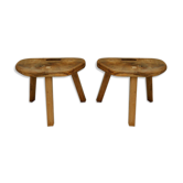 Pair of brutalist oak tripod stools