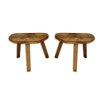 Pair of brutalist oak tripod stools