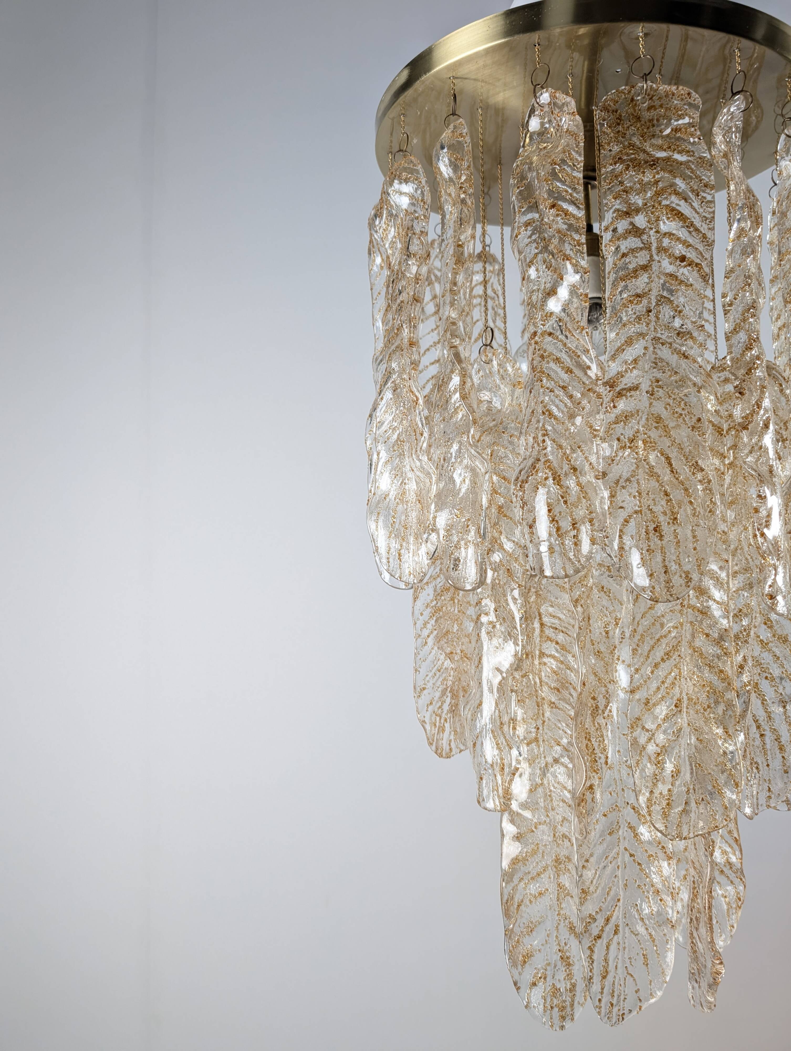 Italian Chandelier with Amber Caramel Murano Glass Leaves, 1970s