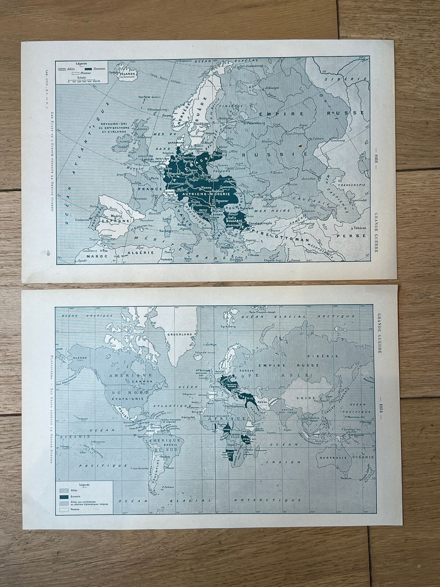 Set of 2 "Great War" maps - Europe and World Map 18x29cm