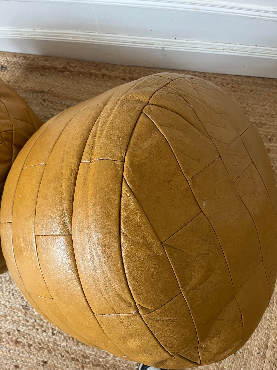 Vintage 70s patchwork leather poufs
