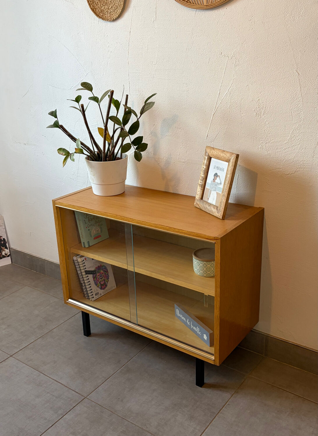 Vintage oak display cabinet from the 1960s.