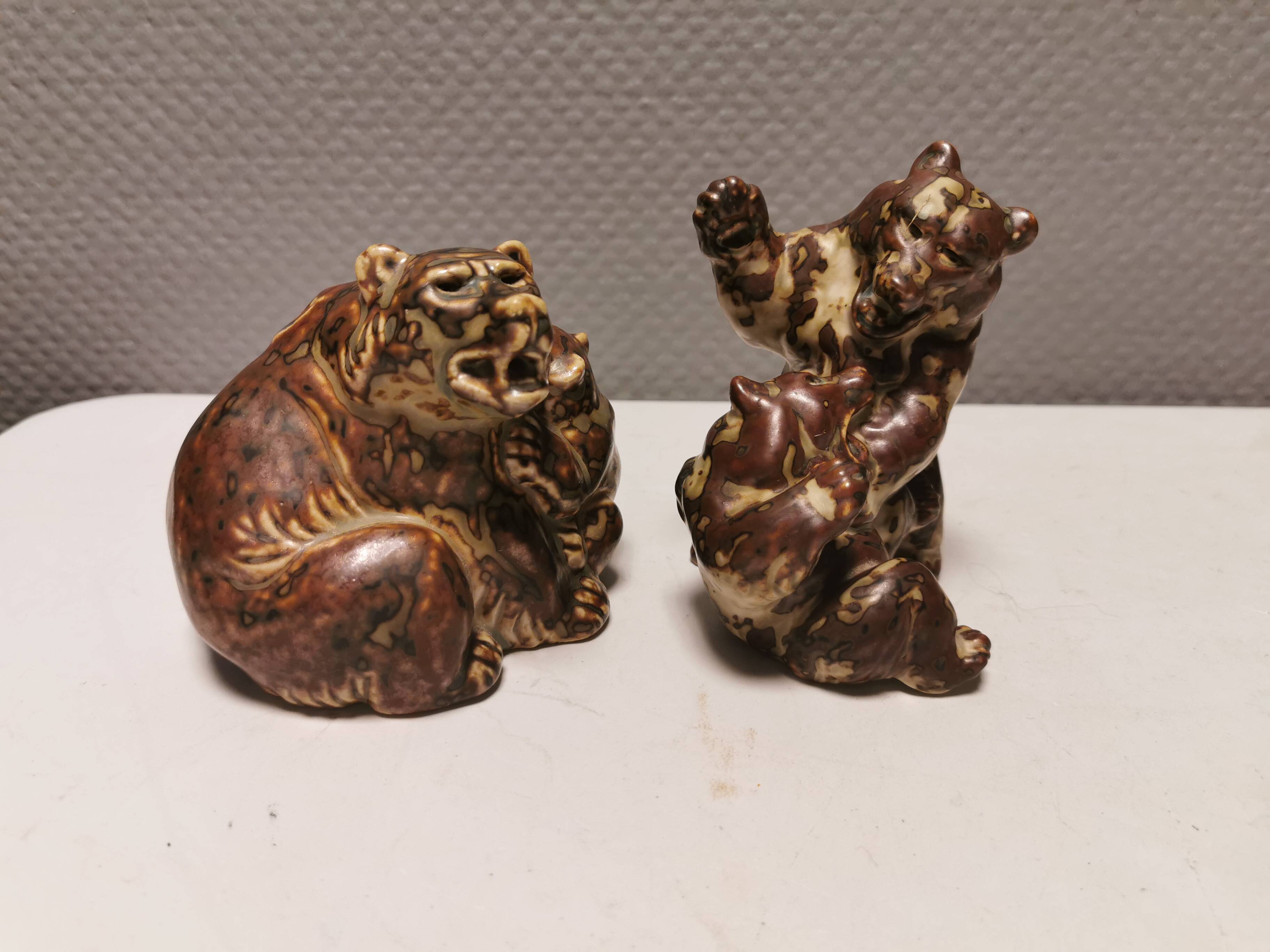 Two bear figurines from Danish Royal Copenhagen mid last century in sung glaze by Knud Kyhn (KK)
