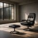 Vintage Mid-Century Danish Modern Black Leather Swivel Chair and Ottoman