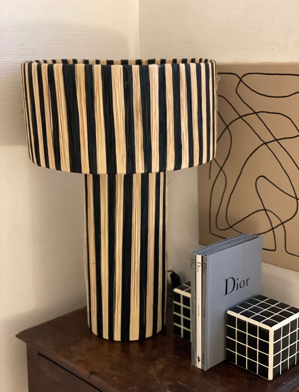 Minimalist bedside table lamp raffia Striped zebra black