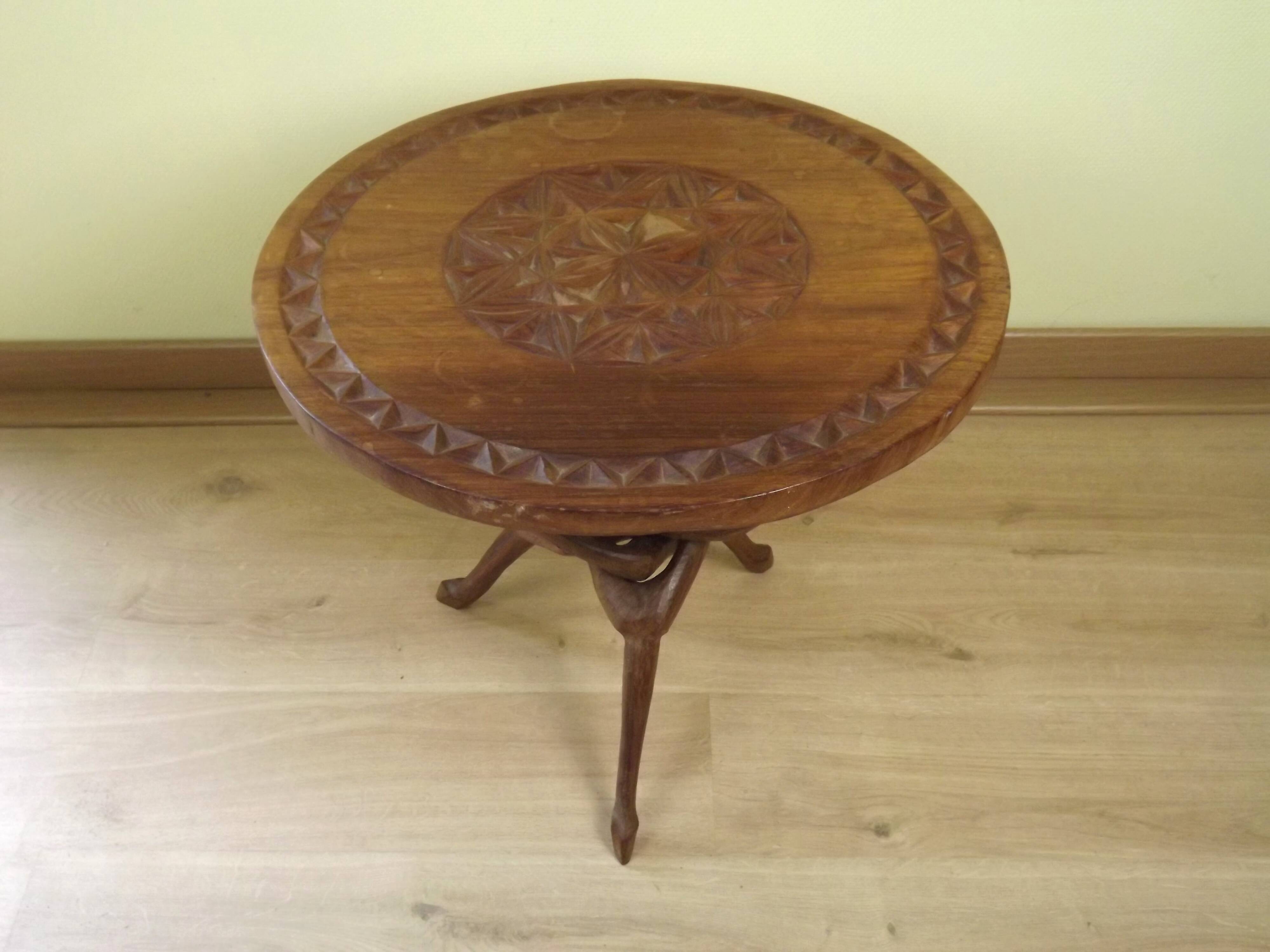 Carved African Hardwood Occasional Table with Geometric Top and Interlocking Legs