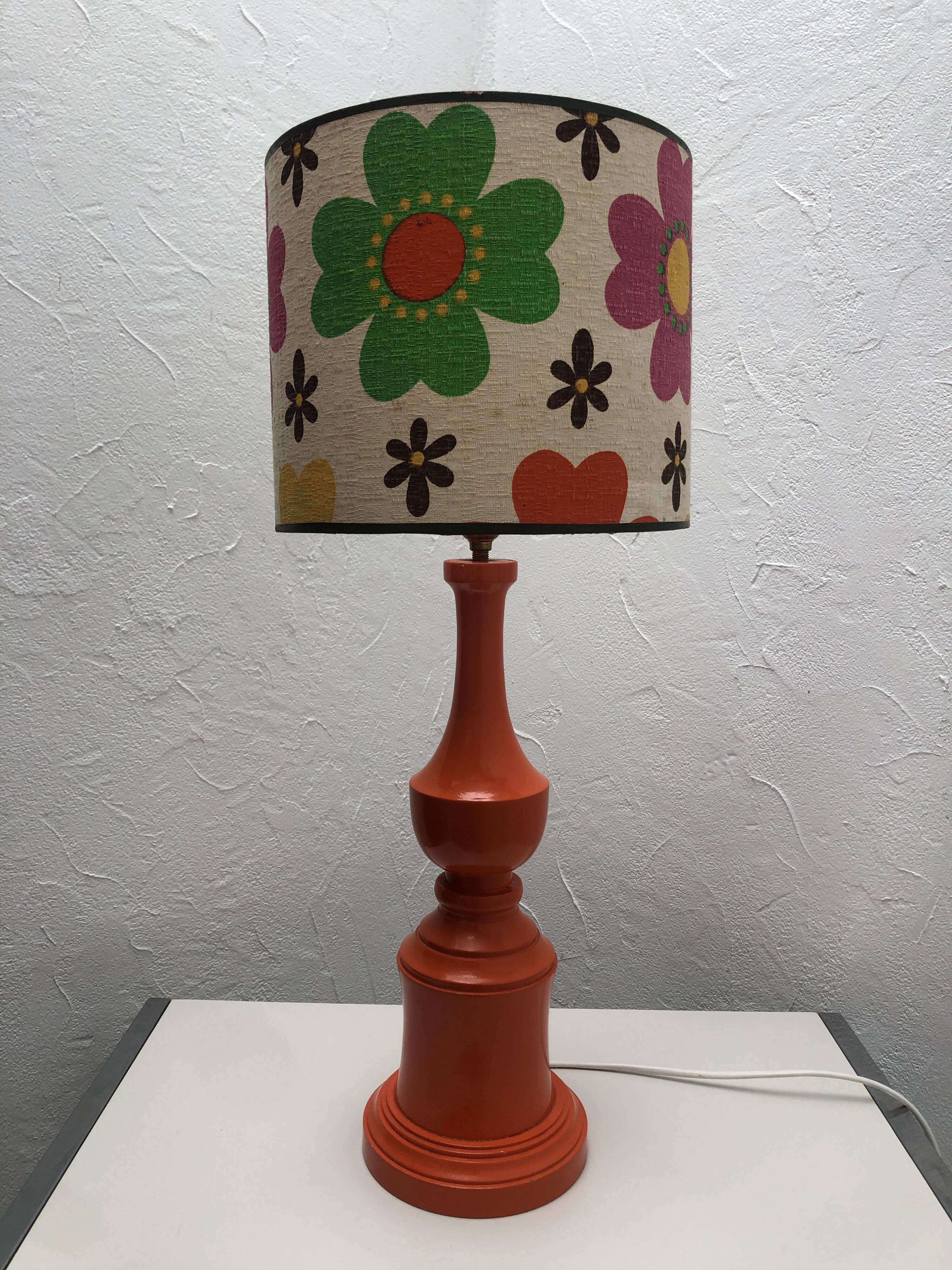 Orange lamp and lampshade floral pattern 1970s