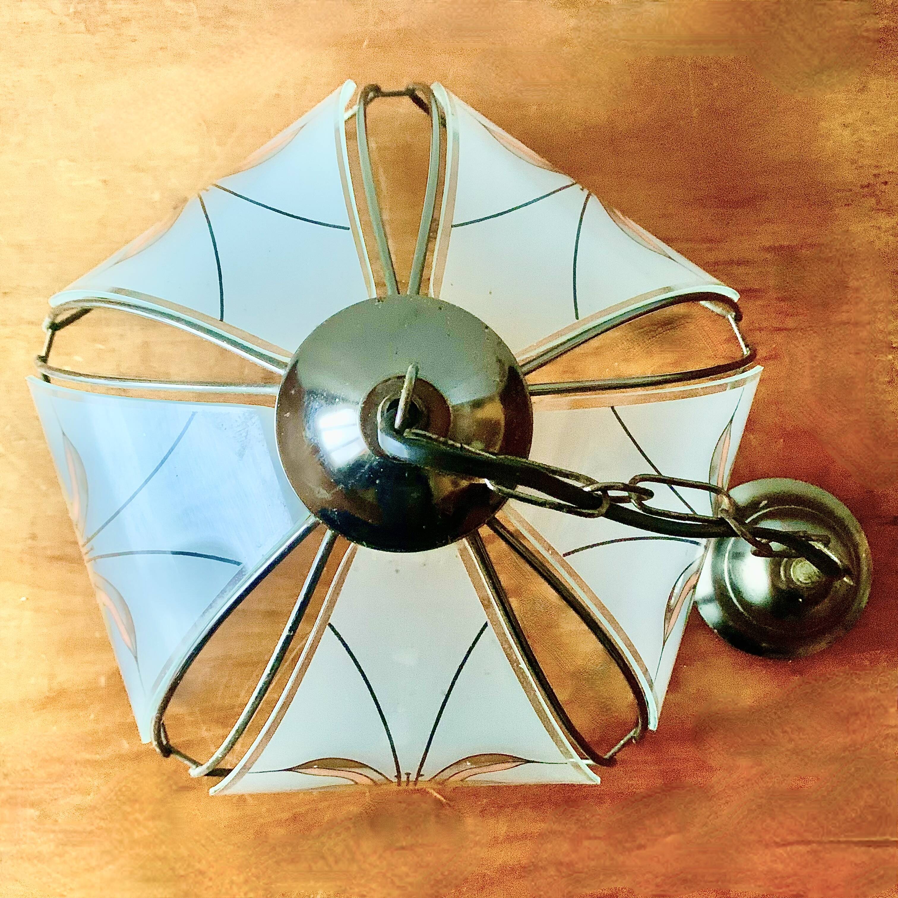 Vintage Hollywood Regency style metal and sandblasted glass chandelier