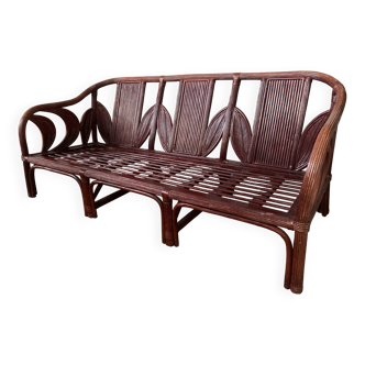 Pencil reed rattan bamboo coastal palm leaf bench sofa, Vivai del Sud 1970s